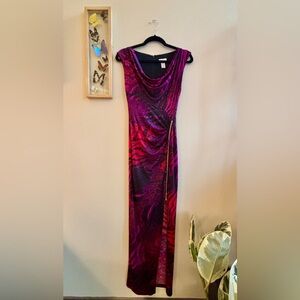 Beautiful Cache full-length sexy dress with thigh slit functional zipper MULTI